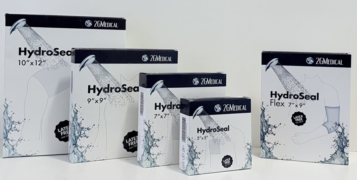 HydroSeal shower protection barrier boxes by size: 10 by 12, 9 by 9, 7 by 7, 5 by 5 and Flex 7 by 9